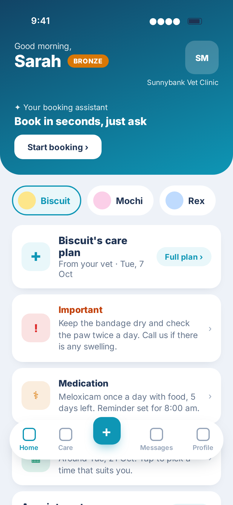 The pet owner app home screen with the care plan and care points