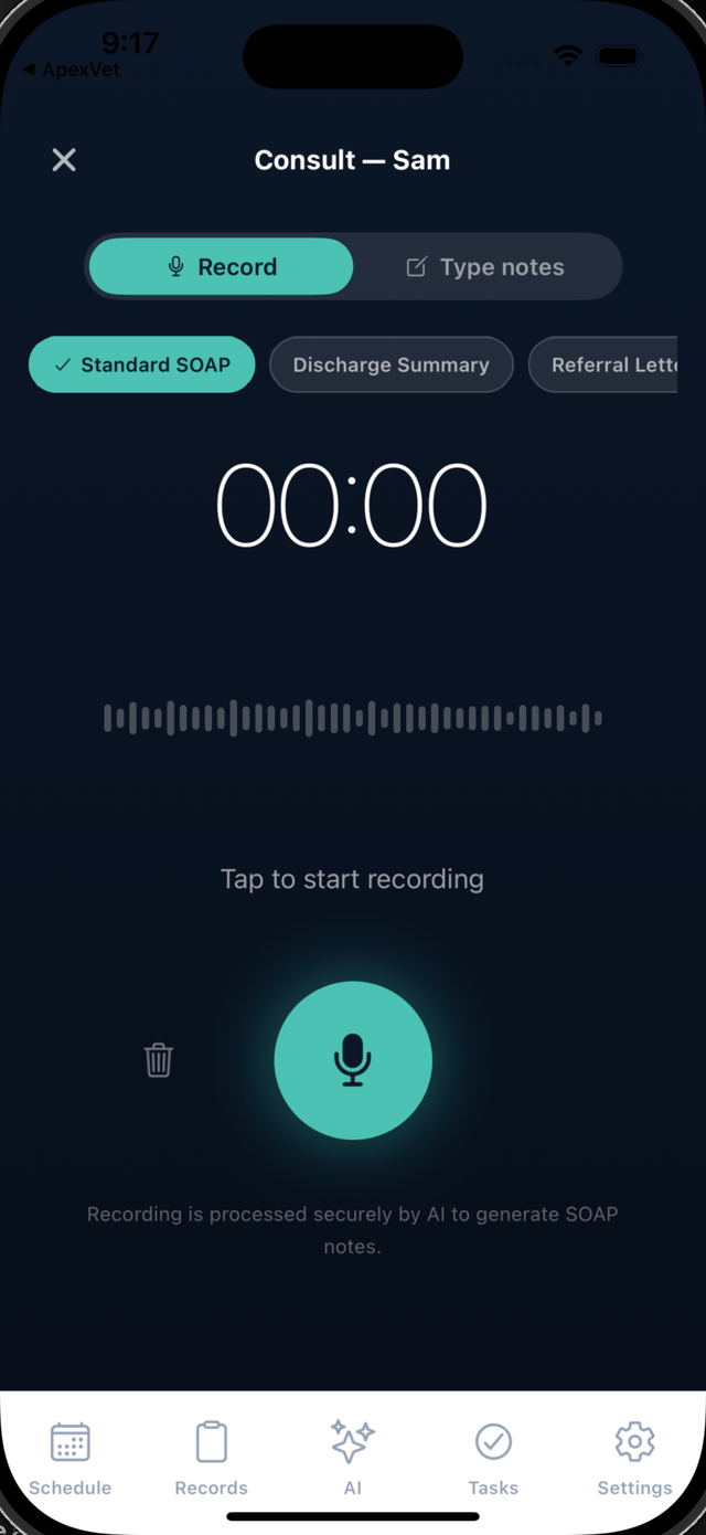 AI scribe recording a consult on the vet's phone